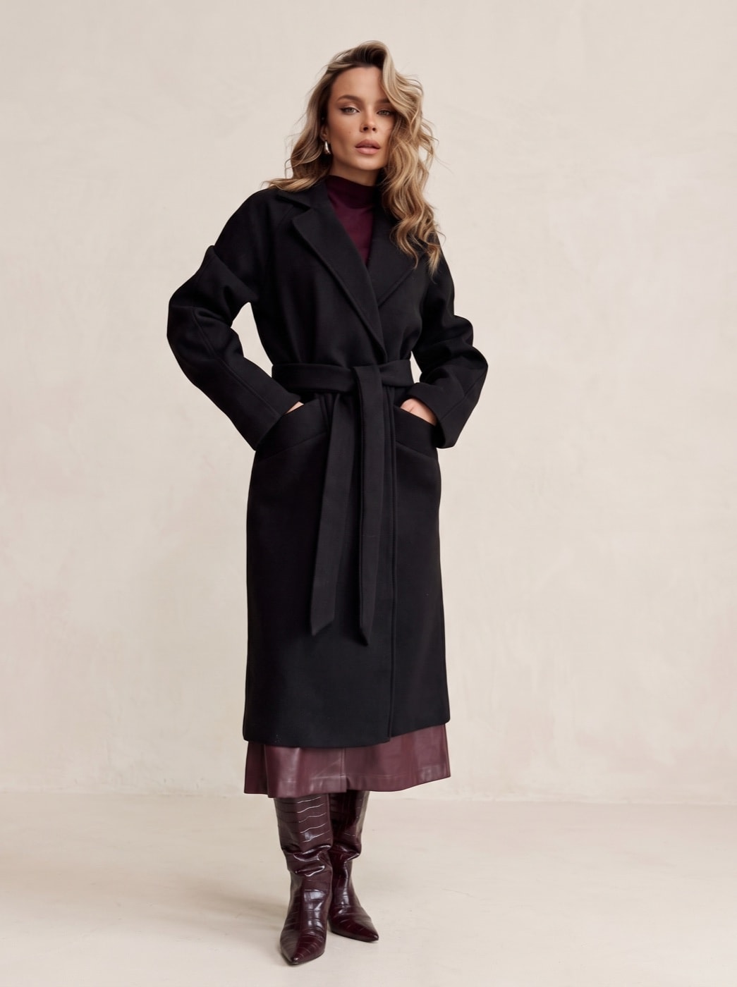 Long Belted Coat — Black, view 2