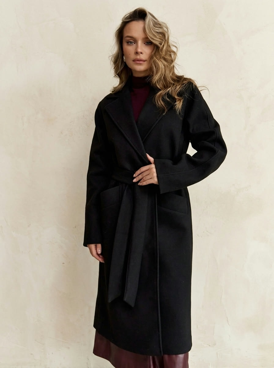 Long Belted Coat — Black, view 3