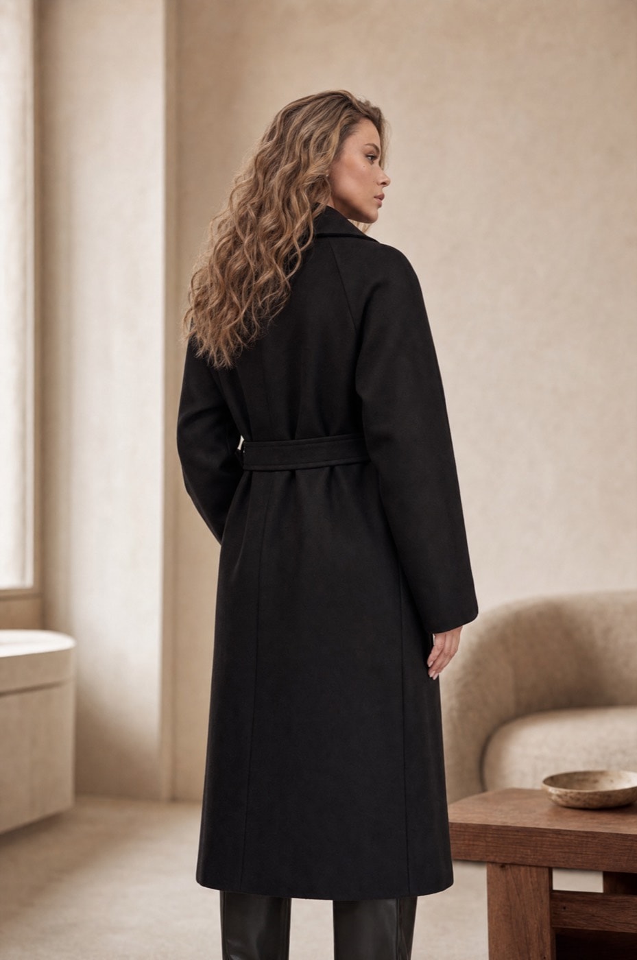Long Belted Coat — Black, view 4