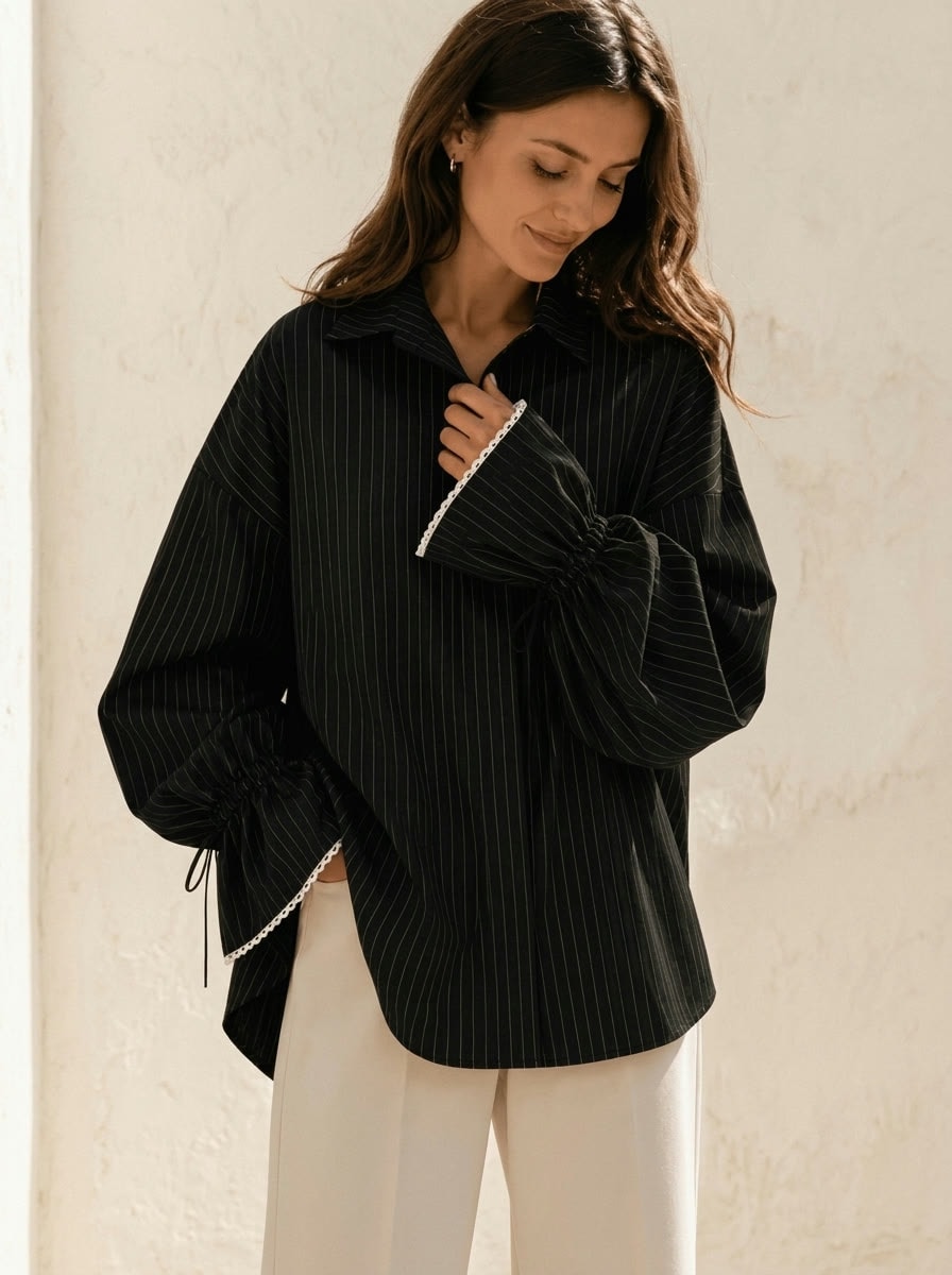 Lace Oversized Shirt — Black pinstripe, view 2