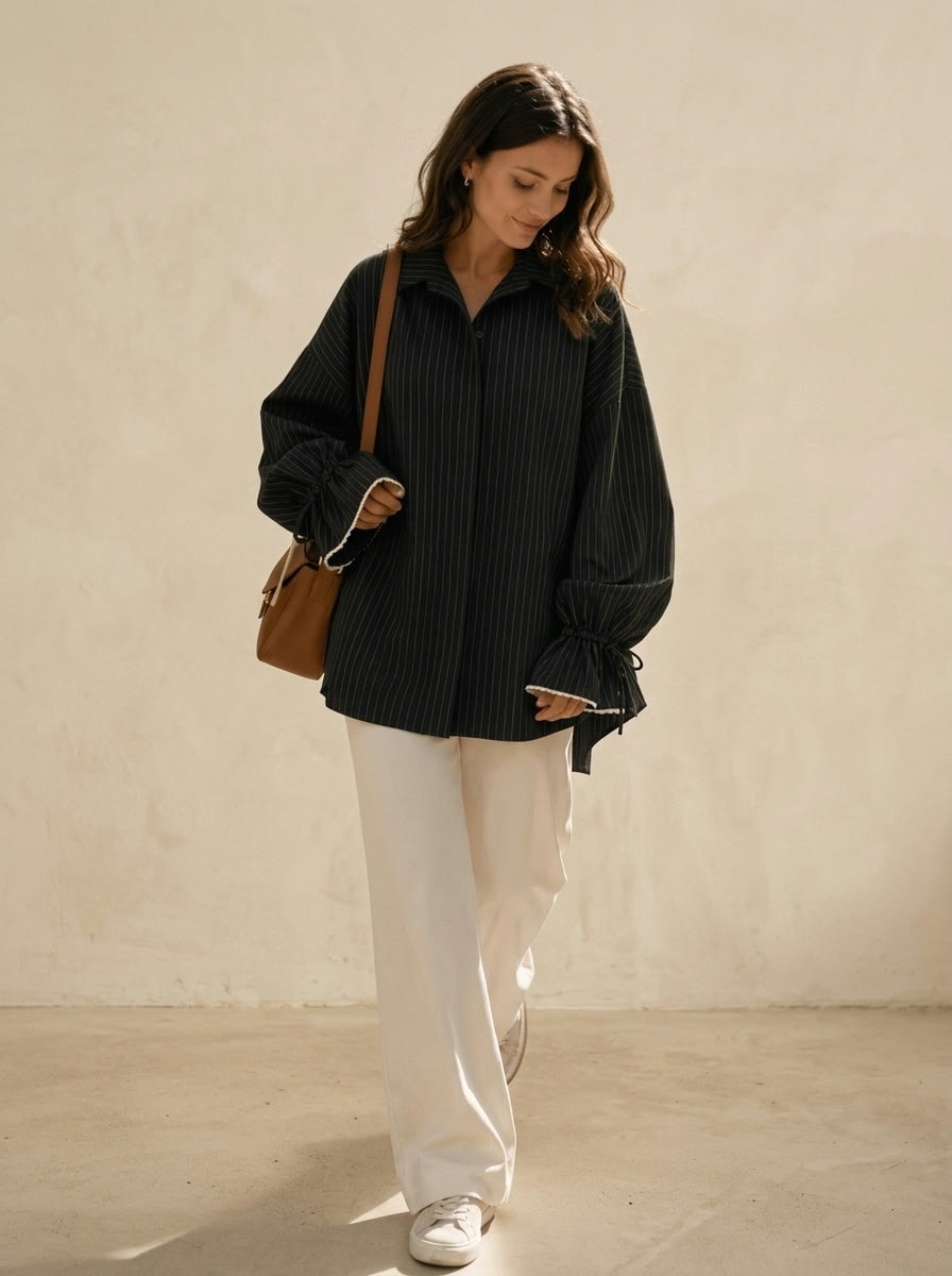 Lace Oversized Shirt — Black pinstripe, view 3