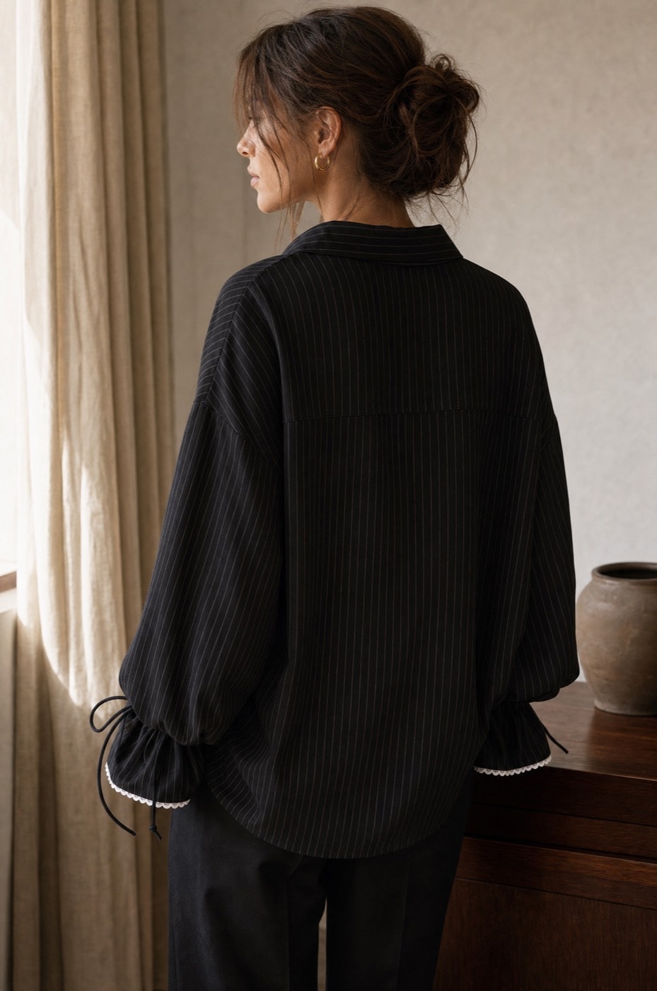 Lace Oversized Shirt — Black pinstripe, view 4