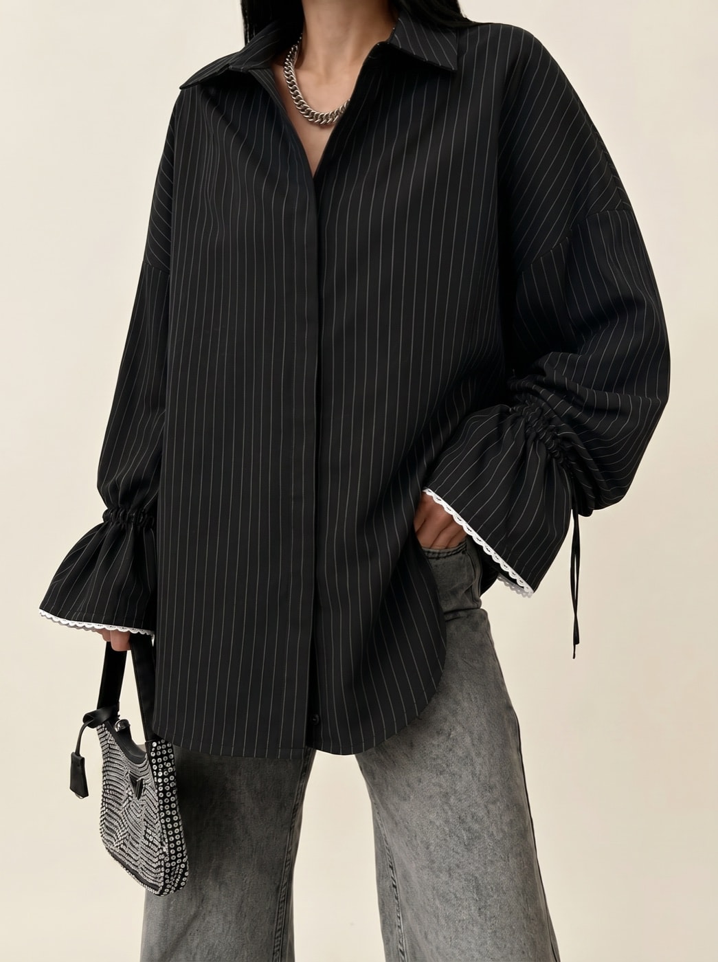 Lace Oversized Shirt — Black pinstripe