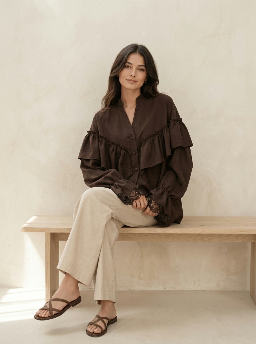 School Ruffle Blouse — Brown, view 2