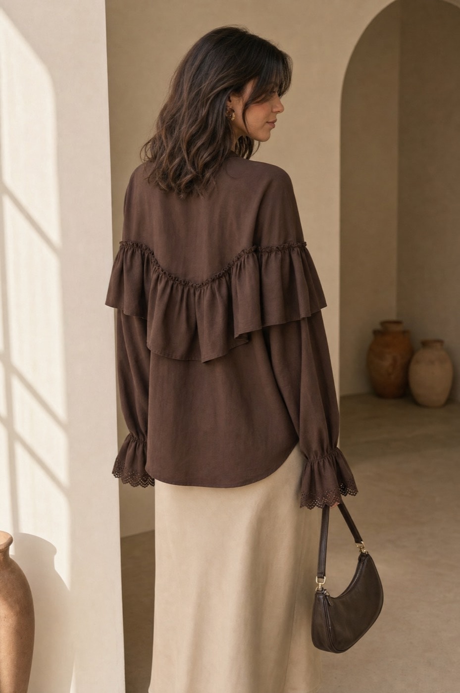 School Ruffle Blouse — Brown, view 4