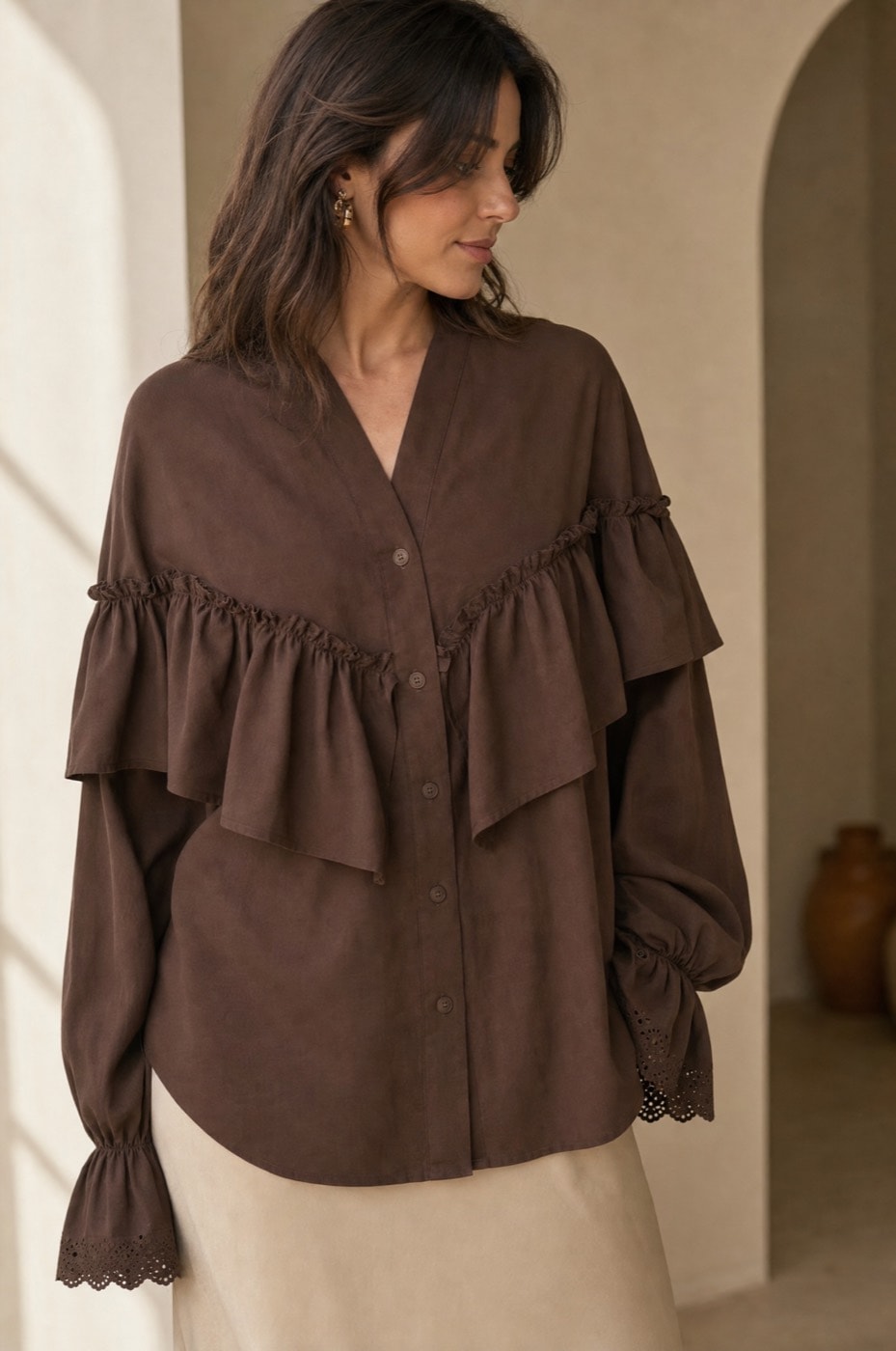 School Ruffle Blouse — Brown, view 3