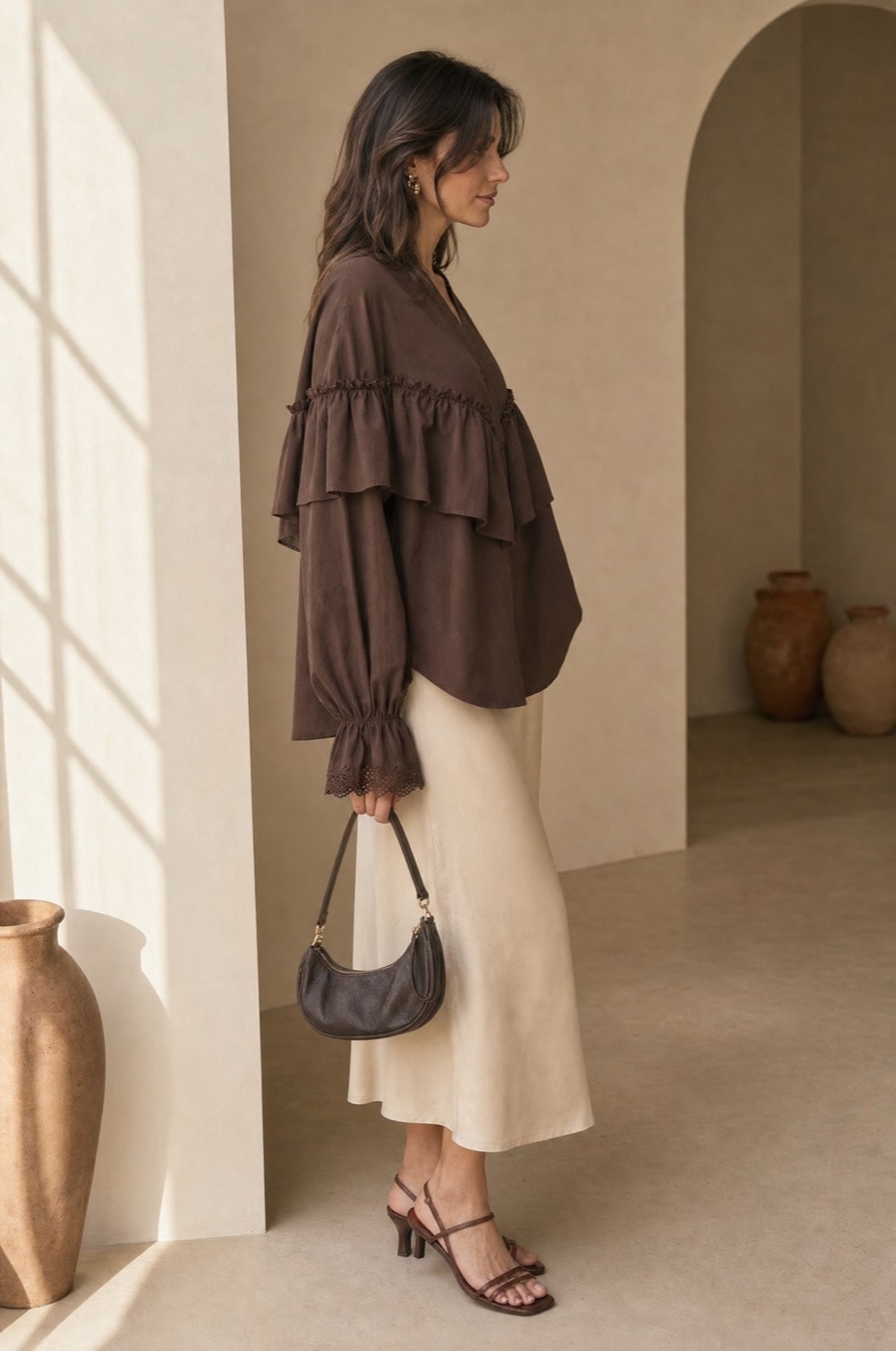 School Ruffle Blouse — Brown, view 5