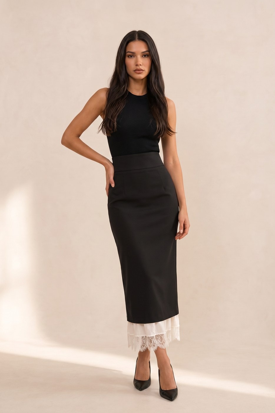 Lace-Hem Pencil Skirt — Black