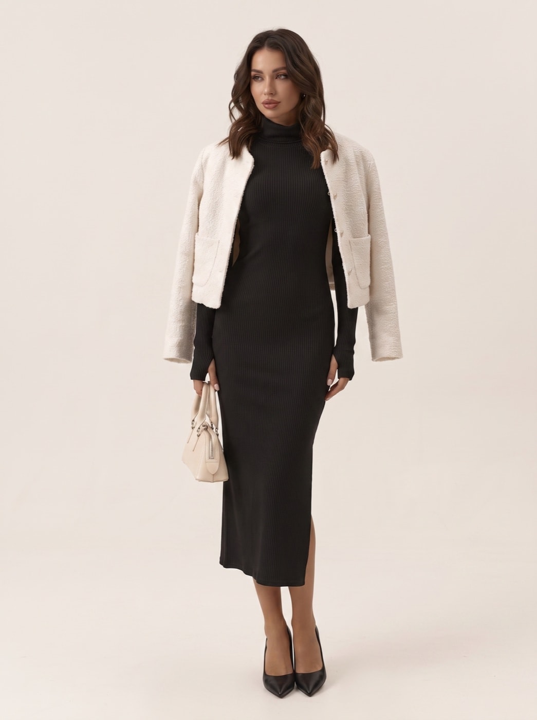 Ribbed Slit Dress — Oat, view 2