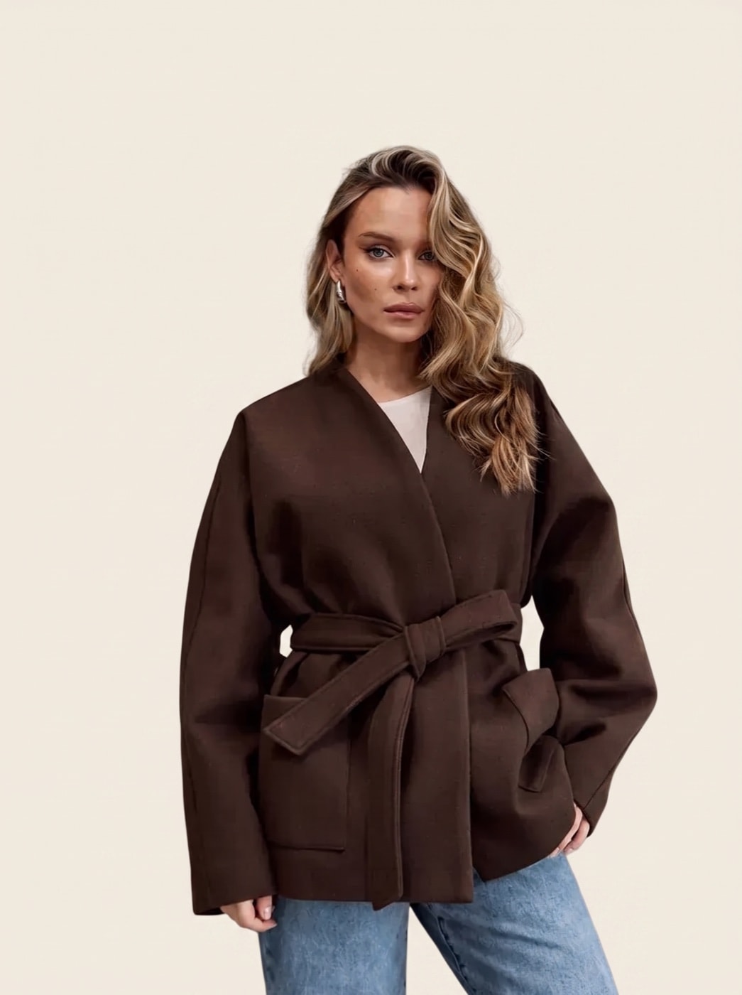 Draped Kimono Coat — Camel, view 2