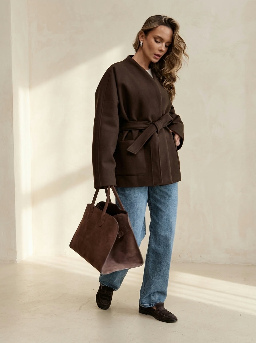Draped Kimono Coat — Camel, view 3