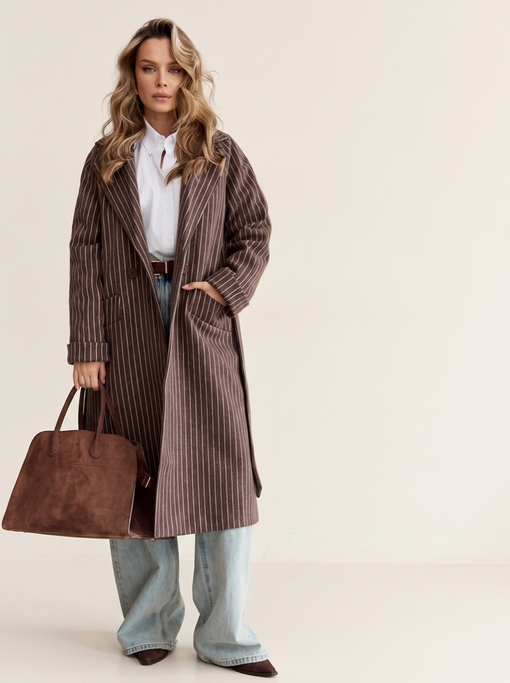 Striped Belted Coat — Sand, view 2