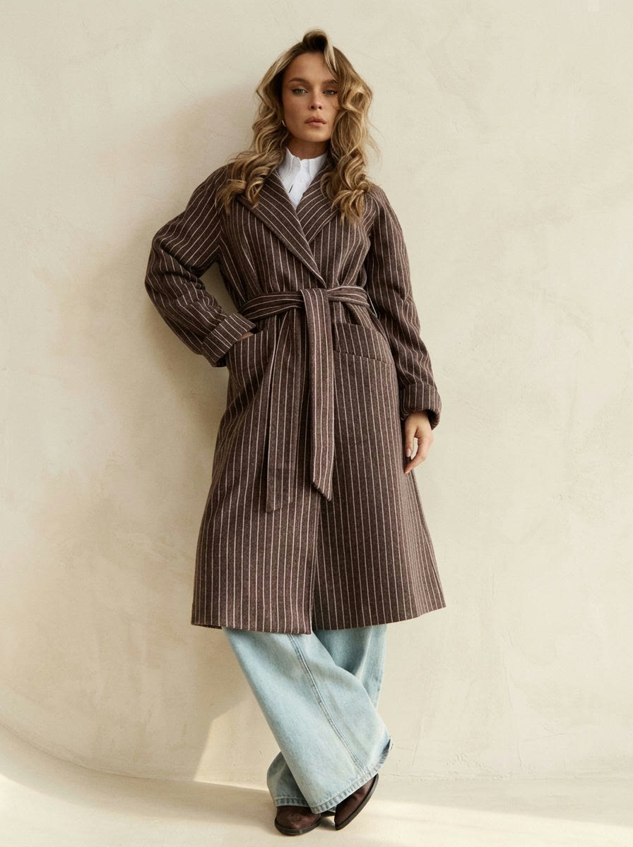 Striped Belted Coat — Sand, view 3
