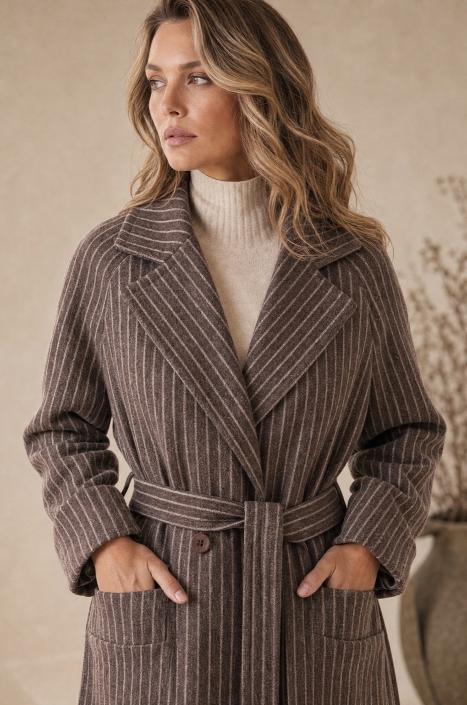 Striped Belted Coat — Sand, view 5
