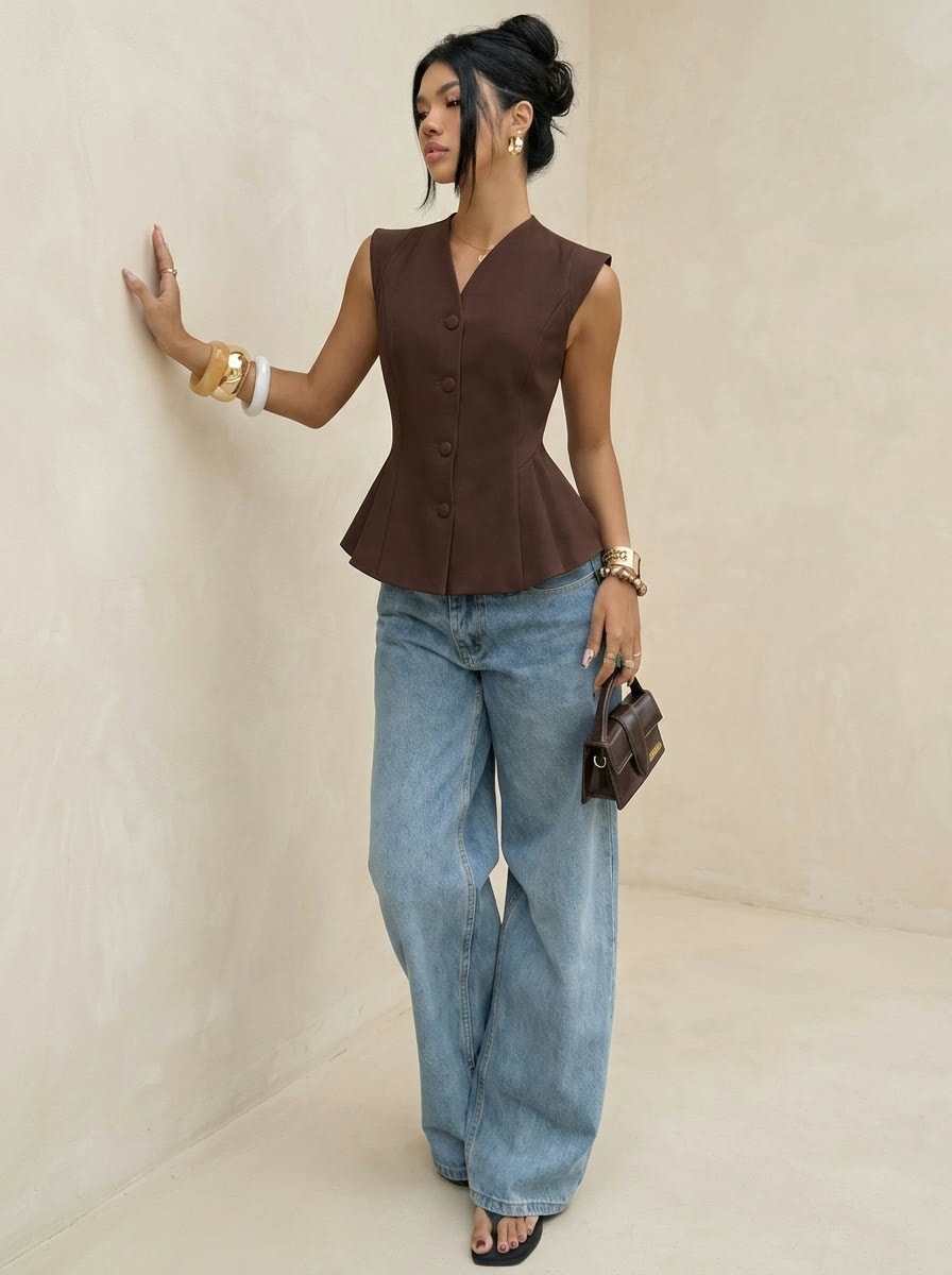 Peplum Suit Vest — Brown, view 2
