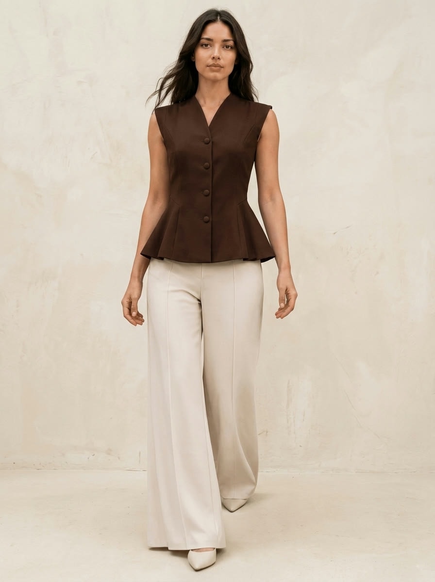 Peplum Suit Vest — Brown, view 3
