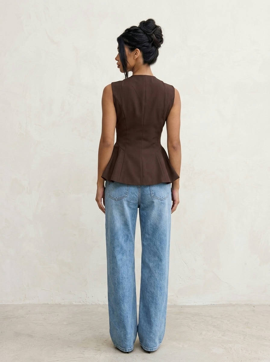 Peplum Suit Vest — Brown, view 4