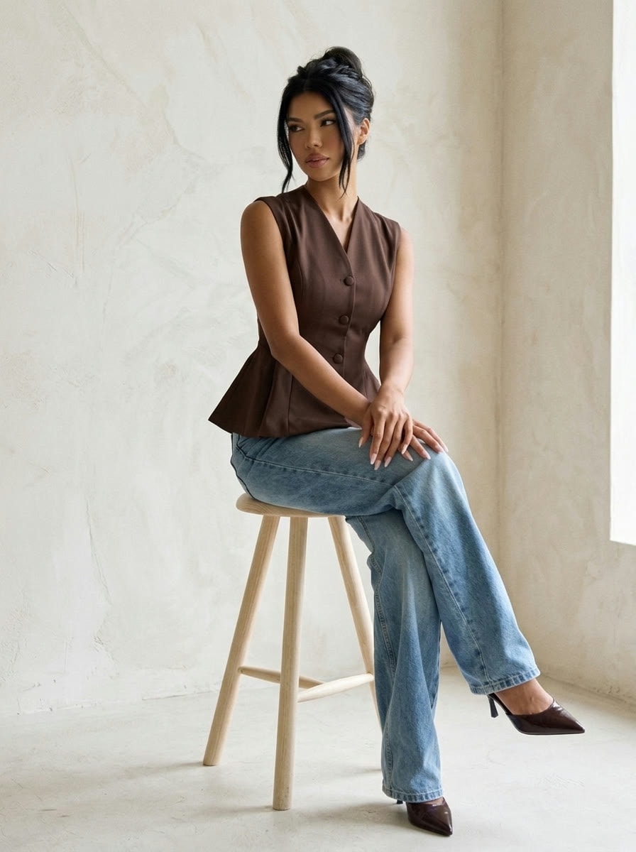 Peplum Suit Vest — Brown, view 5