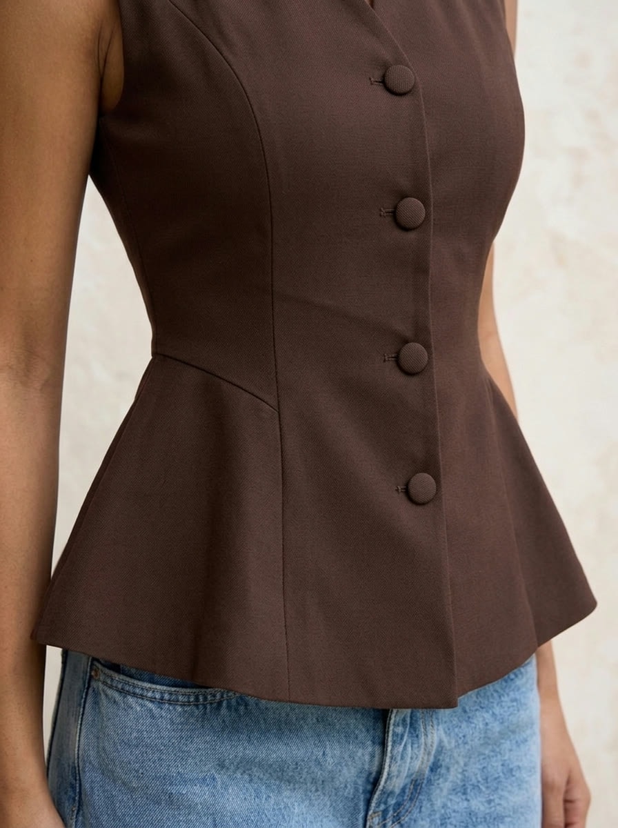 Peplum Suit Vest — Brown, view 6